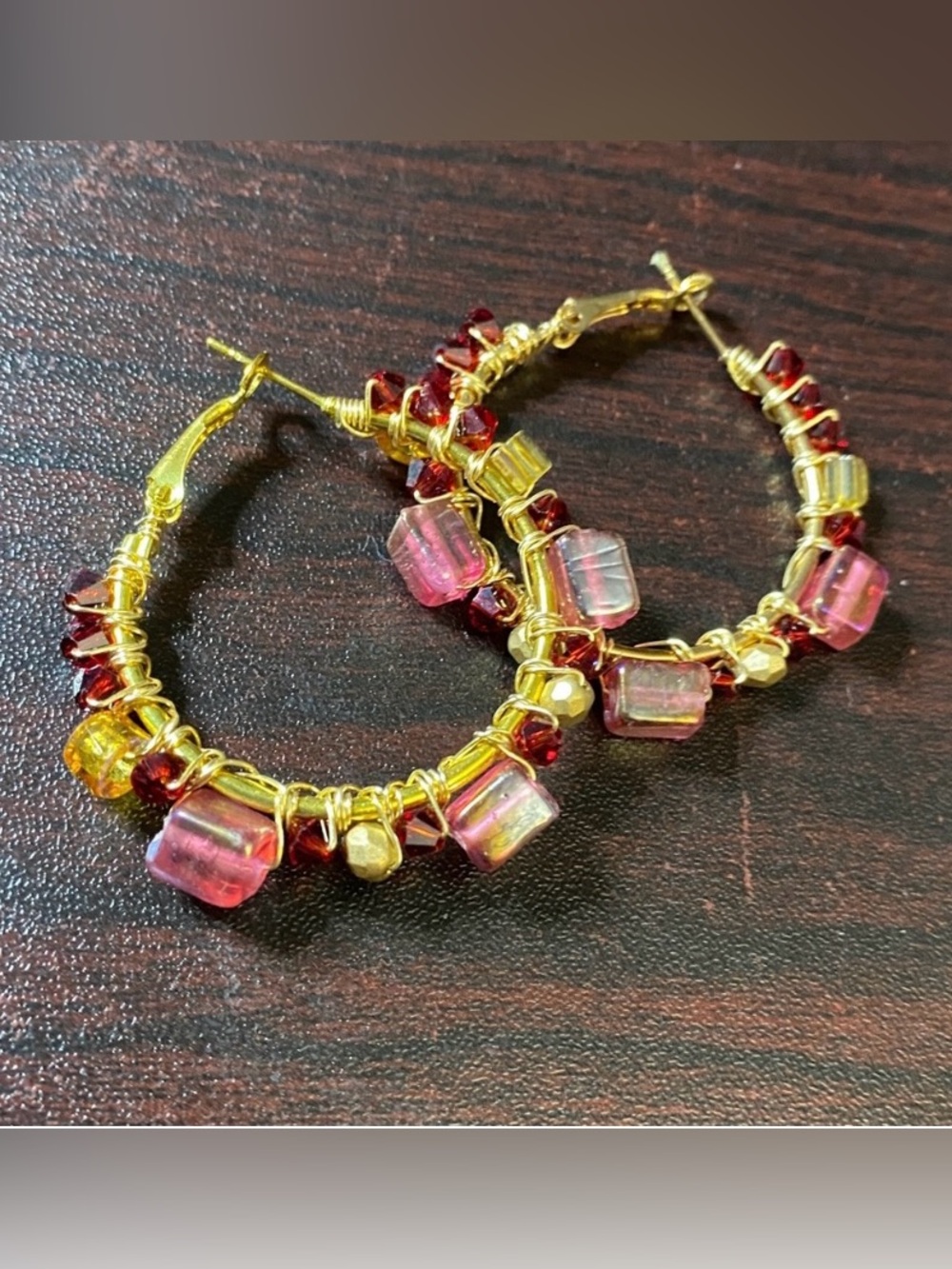 Handmade Gold and Red Wired Wrapped Hoop women's Earrings